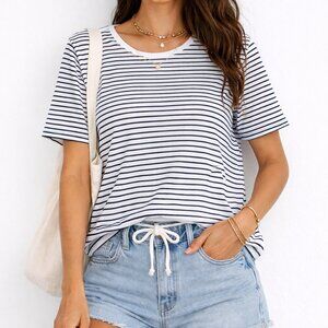 Elevated Basic Lands' End Coastal Navy Stripe Cotton Short Sleeve Tee [size XXL]